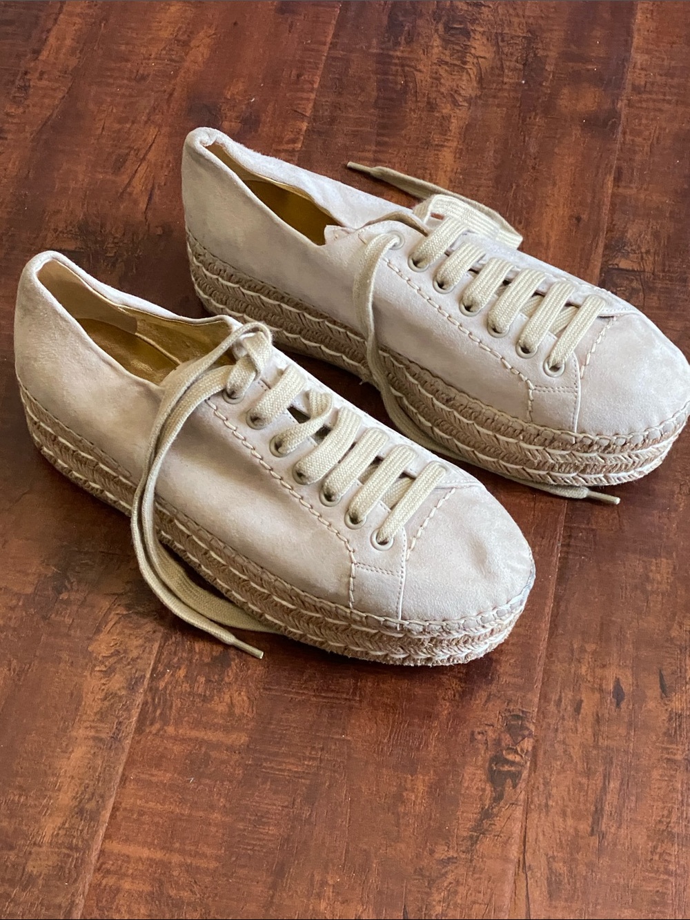 AUTHENTIC Prada Beige Suede Platform Espadrille Sneakers Size 38